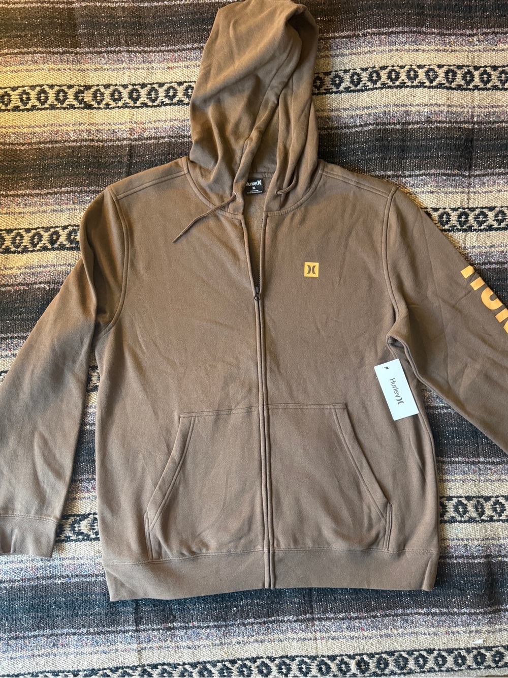 Hurley Brown Zip-Up Hooded Sweatshirt with Yellow Logo/ NWT